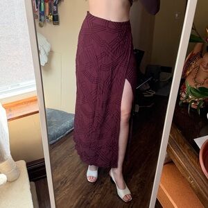 Lucy Love Wine Red Textured Maxi Skirt with High Side Slit